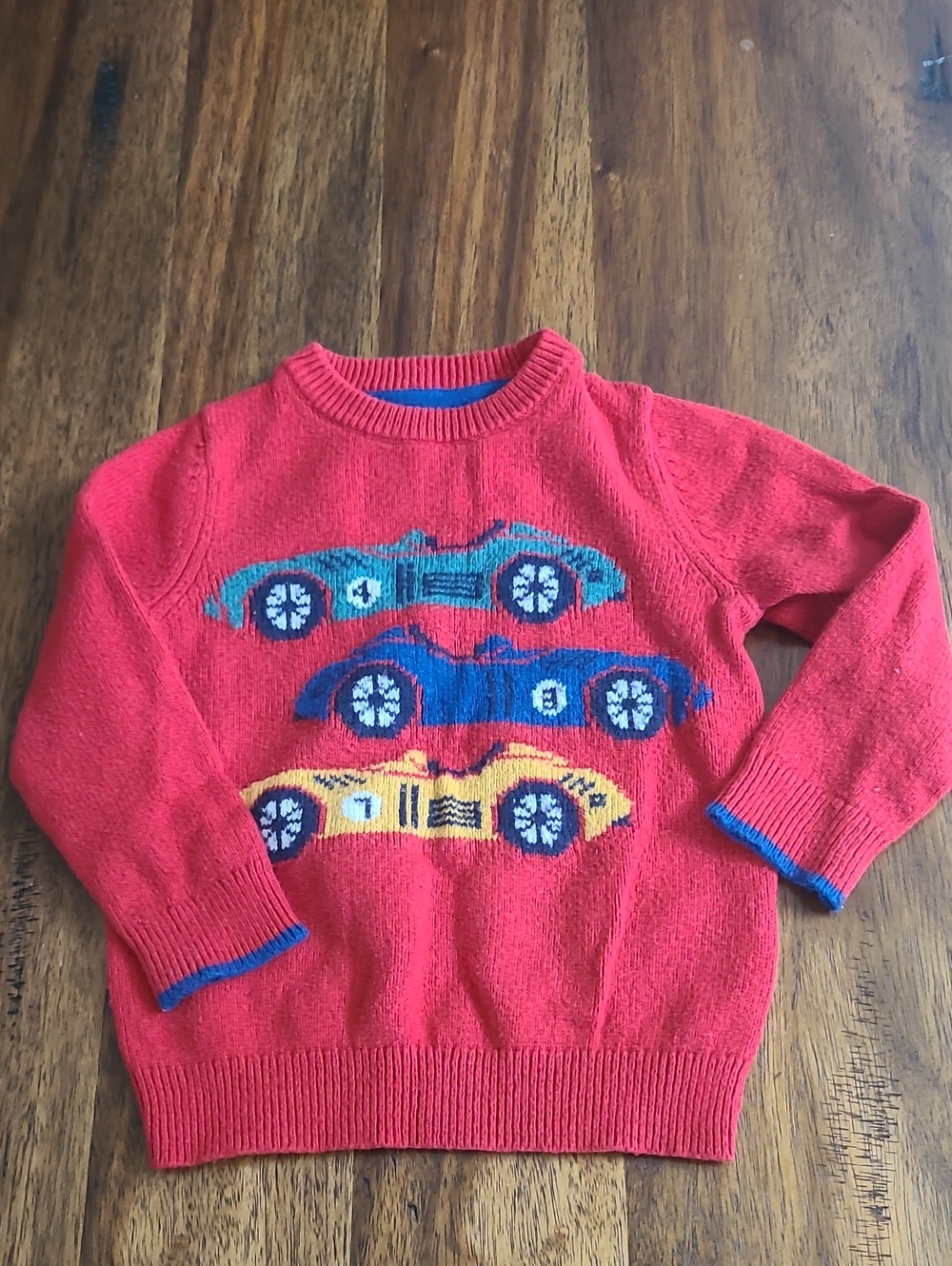 Mini Boden Boys Red Blue Cars Knit Sweater Mock Neck Size 2t